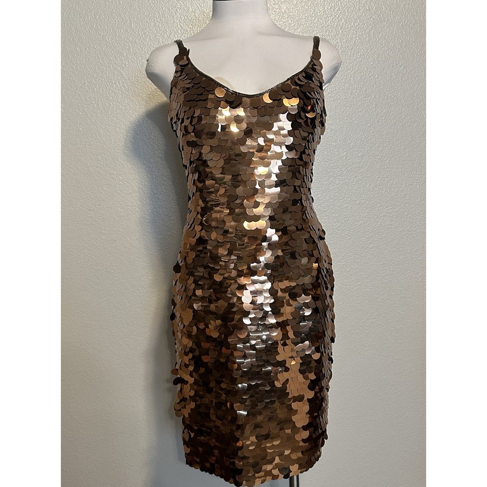 Black Tie Oleg Cassini Dress Womens 4 Bronze Gold Sequin Silk Vintage Cocktail